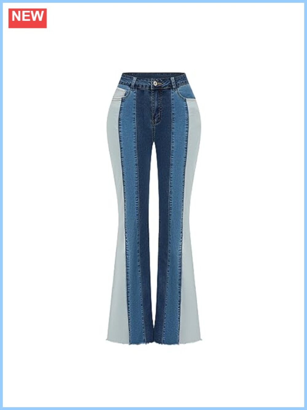 Women Patchwork Flare Jeans Stretch High Waisted Bell Bottom Raw Hem Denim Pants